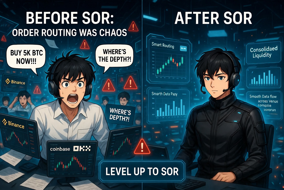 BEFORE SOR: ORDER ROUTING WAS CHAOS — a gamified anime illustration of a chaotic trading floor where panicked traders shout into phones with speech bubbles like 'BUY 5K BTC MARKET NOW!!!', 'SELL ETH!!! WHERE'S THE BEST BID?!', 'CALL OKX! CHECK BINANCE DEPTH!!!', surrounded by RPG-style UI overlays: a TRADER LV. 0 status bar reading 'OVERWHELMED', an HP (Sanity) gauge at 12/100, a Problems Unlocked checklist, a Quest Objective panel titled 'WHY SOR EXISTS', and a glowing 'LEVEL UP TO SOR' button. Caption: SOR turns chaos into edge.